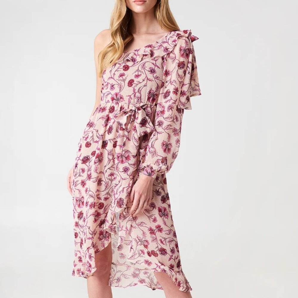 For Love & Lemons Agnes Pink Floral One Shoulder Dress, Small